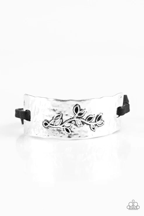 Branching Out - Oversized Black Curled Hammered Rectangular Embossed Branch Plate Suede Bracelet B#4648
