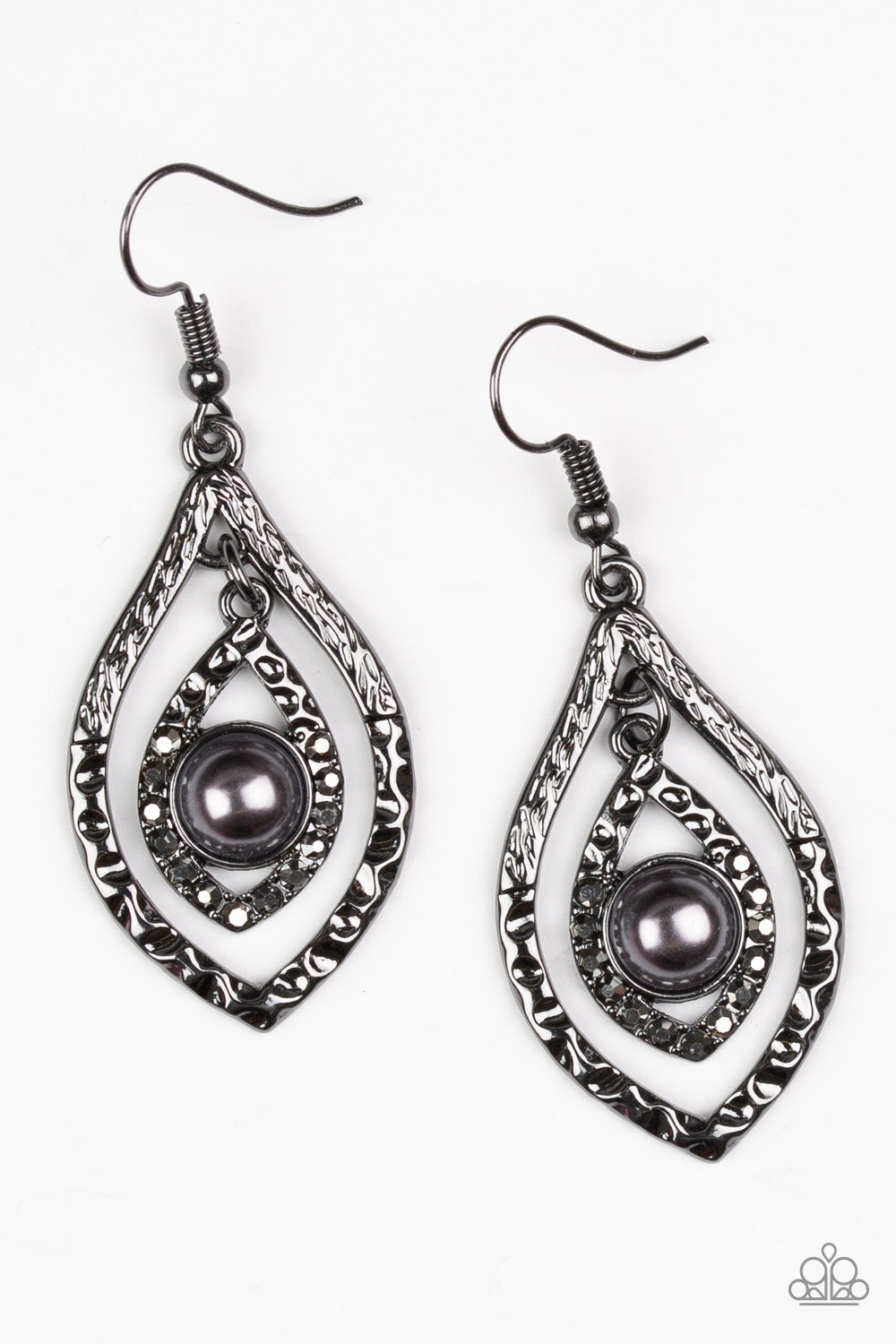 Breaking Glass Ceilings - Black/Gunmetal Pearl Hematite Encrusted Hammered Marquise "Swing" Earrings E#7176