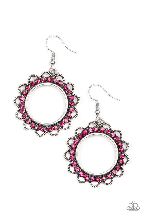 Bring Your Tambourine - Pink Petal Textured Encrusted Earrings E#6055