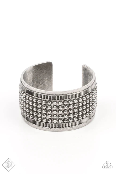 Bronco Bust - Oversized Silver Dotted Textured Linear Cuff Bracelet B#6652