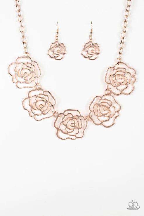Budding Beauty - Oversized Rose Gold 3D Stenciled RoseBud Necklace N#4249