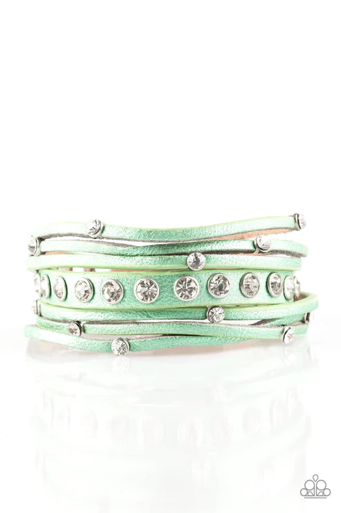 CATWALK It Off - Green Dusted Metallic Shimmer Encrusted Spliced Leather Double Wrap Adjustable Snap Closure Bracelet B#4196