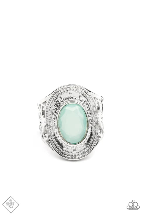 Calm And Classy - Blue (Dewy Blue Tint) Oval Gem Pressed Textured Frame Raised Centerpiece Ring R#7393