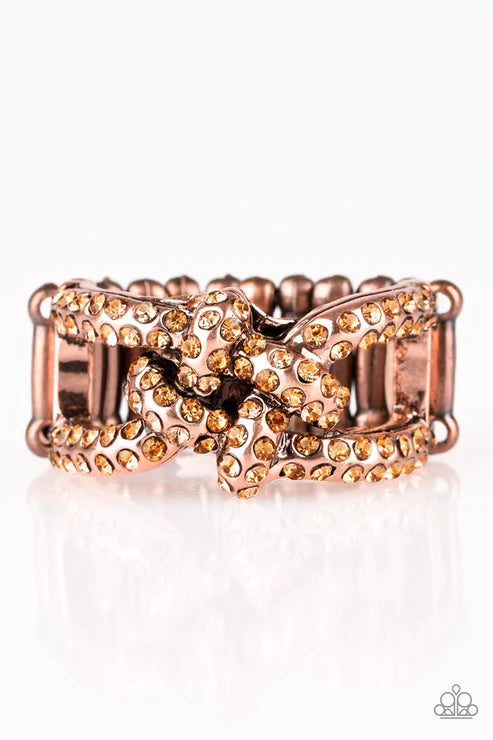 Can Only Go UPSCALE From Here - Copper/Peach Encrusted CrissCross Square Knot Ring R#4064