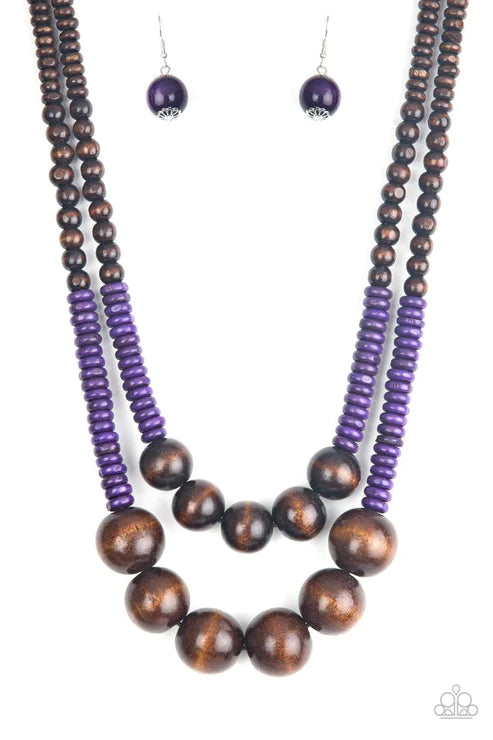 Cancun Cast Away - Oversized Purple/Brown Distressed Wooden Discs Button Loop Closure Necklace N#4942
