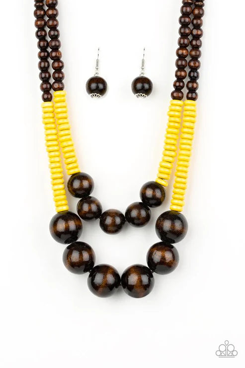 Cancun Cast Away - Oversized Yellow/Brown Distressed Wooden Discs Button Loop Closure Necklace N#4842