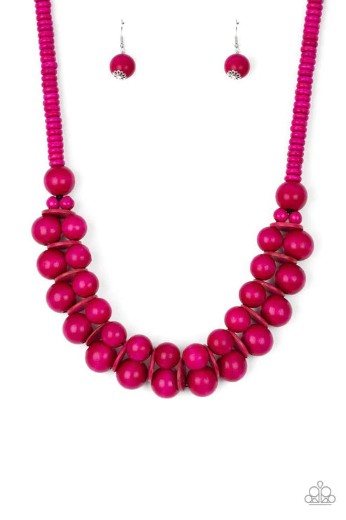 Caribbean Cover Girl - Oversized Pink Distressed Wooden Discs Button Loop Closure Necklace N#4827