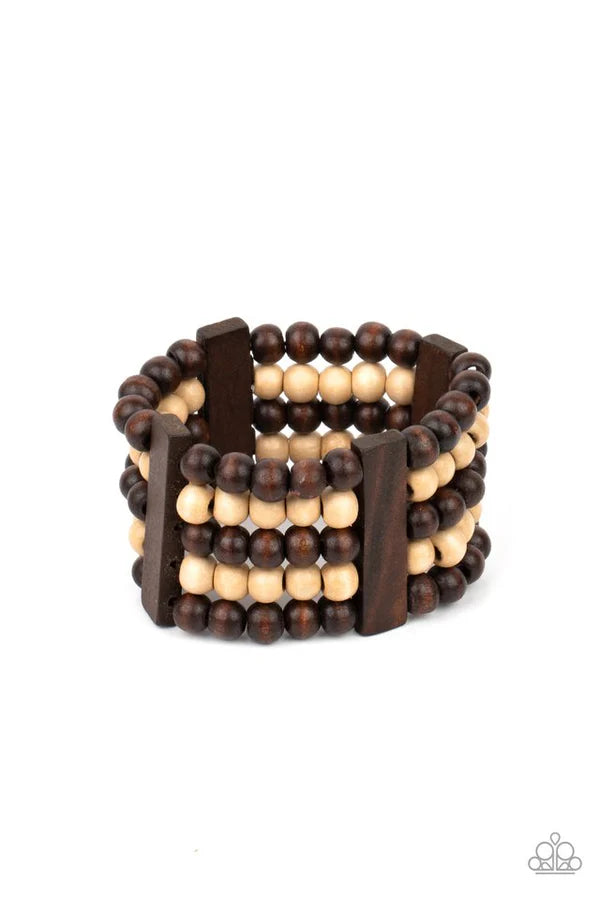 Caribbean Catwalk - Oversized Brown/White Tropical Rectangular Wood Bracelet B#6901