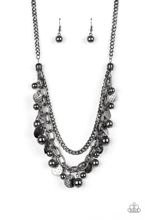 Cast Away Treasure - Black Shimmer Mishmash Textured Disc Fringe Necklace N#6470