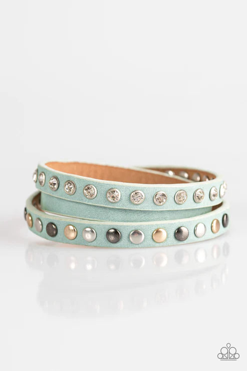 Catwalk Casual - Blue (Gold/Gunmetal/Silver) Flat Studded Encrusted Elongated Double Wrap Leather Adjustable Snap Closure Bracelet B#4105