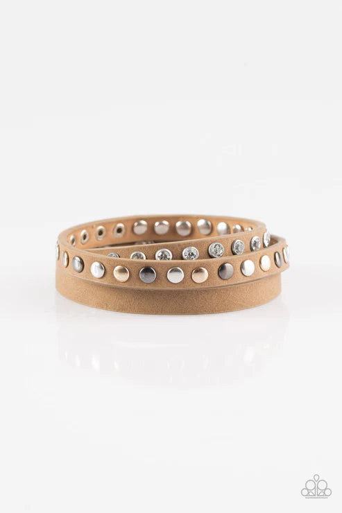 Catwalk Casual - Brown (Gold/Gunmetal/Silver) Flat Studded Encrusted Elongated Double Wrap Leather Adjustable Snap Closure Bracelet B#4001
