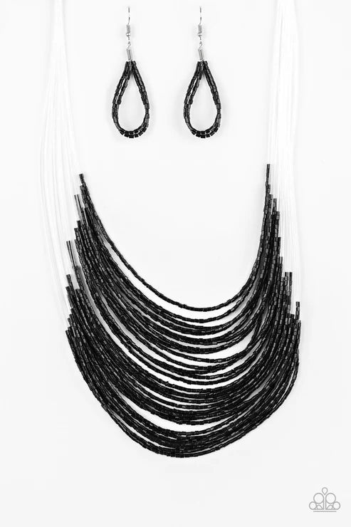 Catwalk Queen - Oversized Black Metallic Shimmer Seed Bead Necklace N#6765