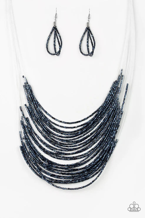 Catwalk Queen - Oversized Blue Metallic Shimmer Seed Bead Necklace N#6285