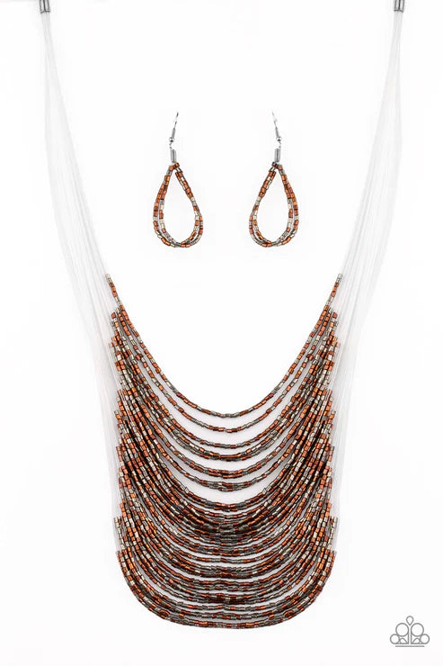 Catwalk Queen - Oversized Multi Copper/Gunmetal Metallic Shimmer Seed Bead Necklace N#4631