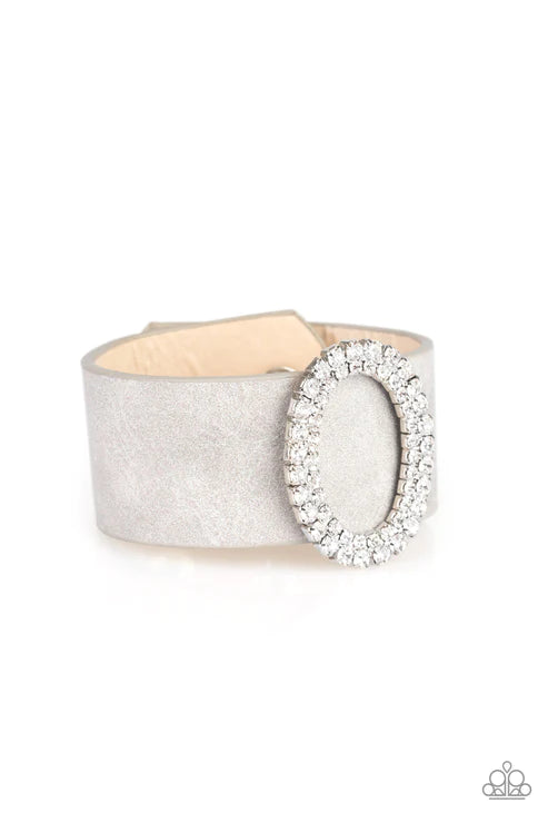 Center Stage Starlet - Silver/Gray Round Encrusted Side-Along Leather Bracelet B#4220