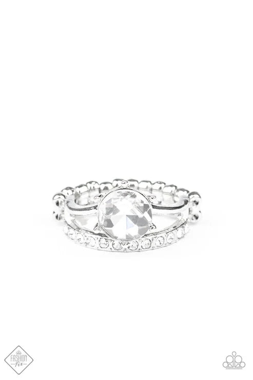Center Stage Shimmer - Oversized White Encrusted Stacked Ring R#6733