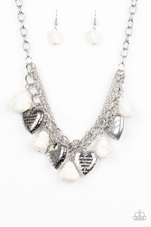 Change Of Heart - Oversized White Stone Charm "With All My Heart" "Love the Lord thy God with all your heart. Luke 10:27." Necklace N#971