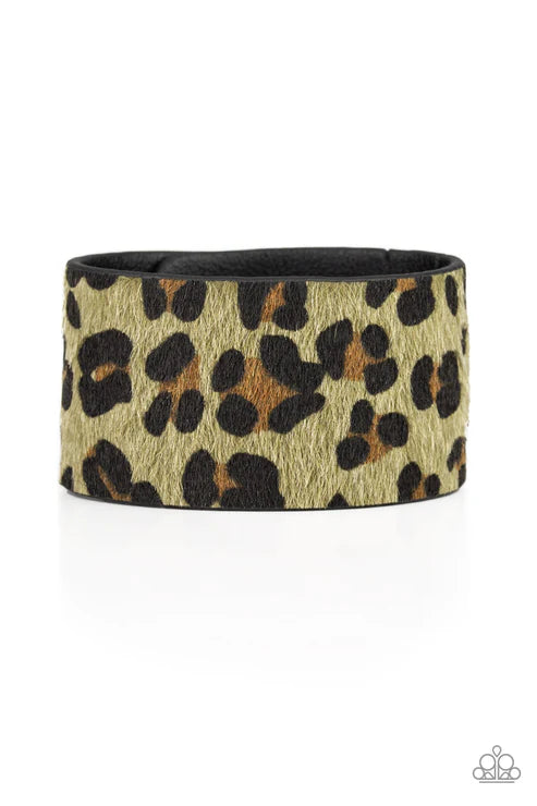 Cheetah Cabana - Green/Black Wild "Fuzzy" Cheetah Leather Wrap Adjustable Snap Closure Bracelet B#7340
