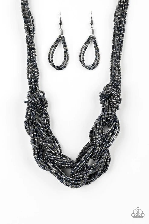 City Catwalk - Oversized Blue/Gunmetal Metallic Braided Square Seed Bead Necklace N#3631