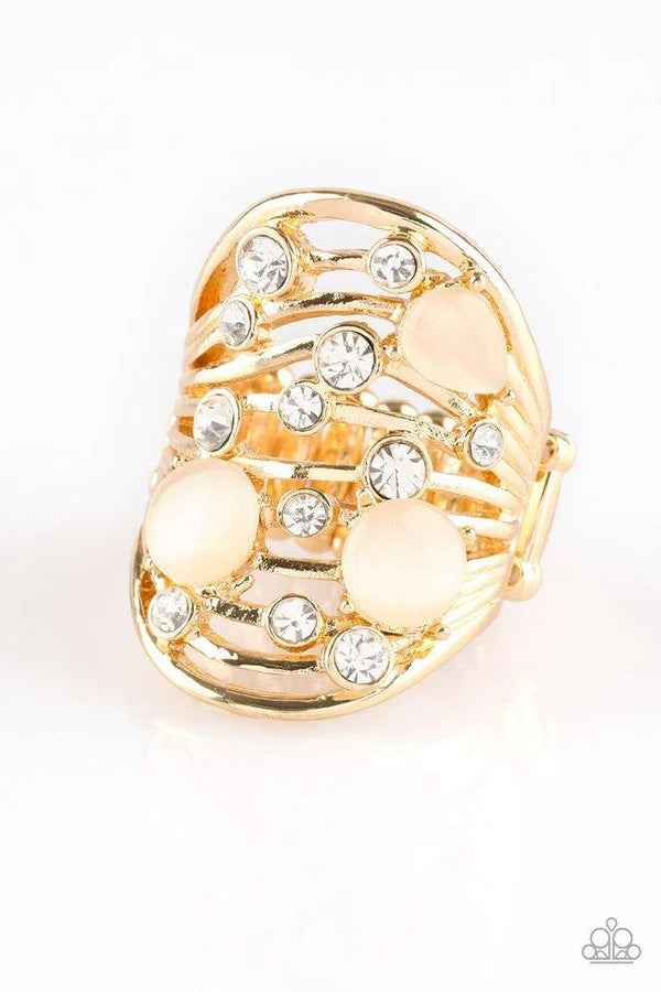 Clear The SWAY! - Oversized Gold Airy Cat's Eye Moonstone Encrusted Wavy Ring R#7032