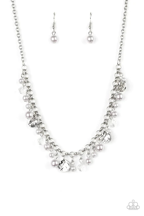 2-Piece Silver Smoky Pearl Crystal Hammered Disc Set SET#5335