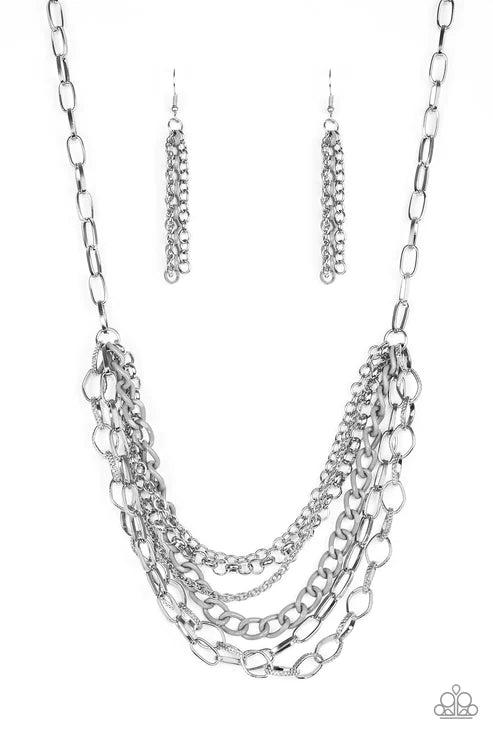 Color Bomb - Silver Mismatched Draped Chains Industrial Necklace N#3176