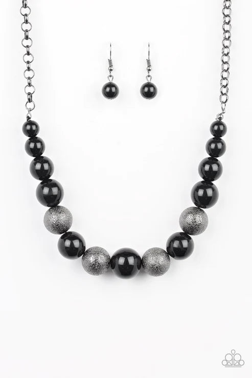 Color Me CEO - Oversized Black/Gunmetal Metallic Dusted Glitter Pearl Necklace N#5857