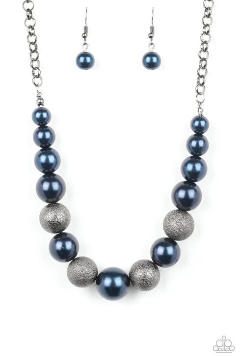 Color Me CEO - Oversized Blue/Gunmetal Metallic Dusted Glitter Gunmetal Pearly Necklace N#7415
