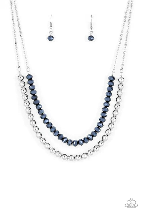 Color Of The Day - Blue Dipped Metallic Shimmer Glittery Crystal-like Bead Necklace N#7422