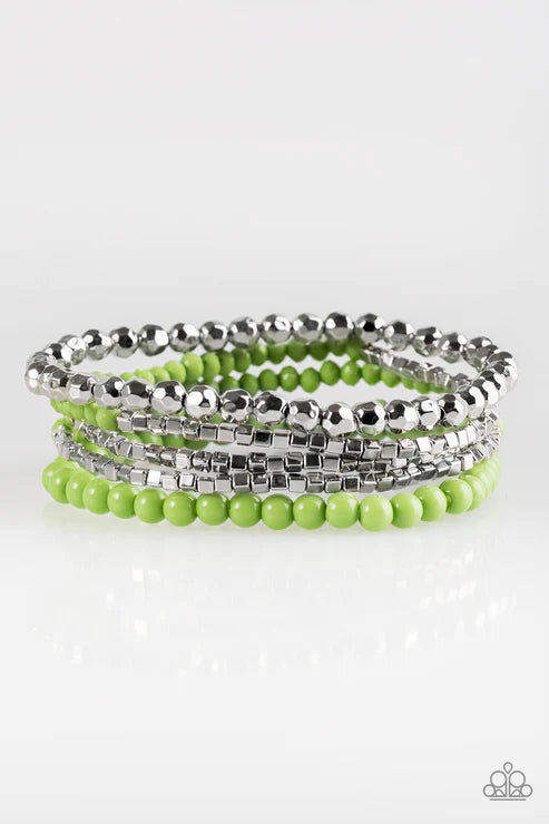Colorfully Chromatic - Green/Silver Mismatched Faceted Square Bracelet Stack B#6264