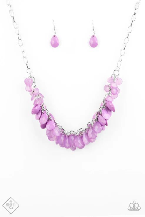 Colorfully Clustered - Purple Polished/Crystal Cluster Teardrop Whimsical Dimension Fringe Necklace N#6121