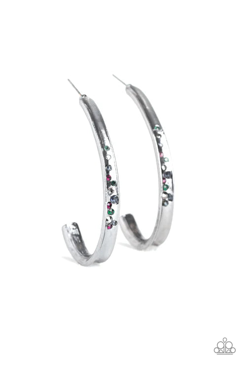 Completely Hooked - Multi/Gunmetal (Blue/Green/Purple) Concaved Hematite Encrusted Hoop Earrings E#5457