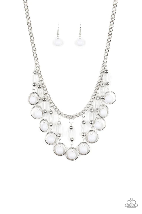 Cool Cascade - White Crystal/Metallic Rods/Crystal Tassel Fringe Necklace N#6164