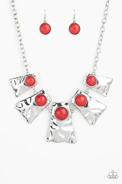 Cougar - Oversized Red Indigenous Fanned Out Plates Hammered Texture Infused Stone Hammered Fringe Necklace N#5290