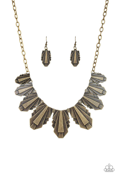 Cougar Cave - Oversized Brass 3D Geometric Textured Stacked Connected Fringe Plates Necklace N#4508