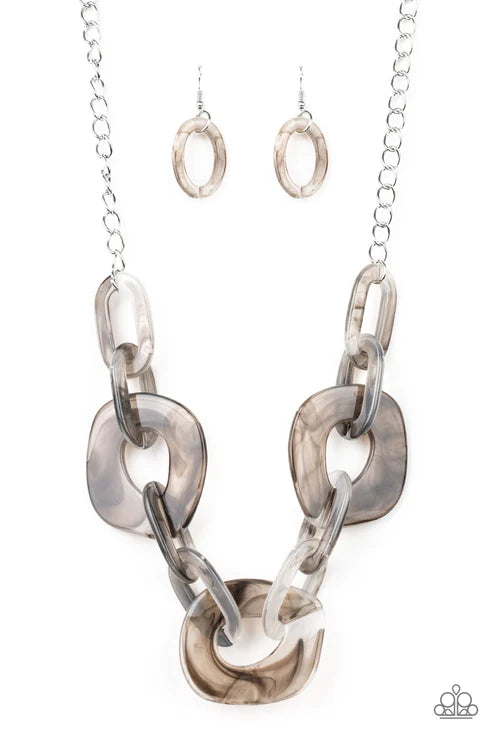 Courageously Chromatic - Smoky Silver Marble Connected Link Necklace N#3117