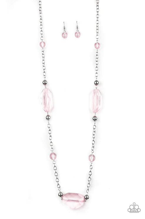 Crystal Charm - Oversized Pink Glassy Faceted Crystal Necklace N#3541