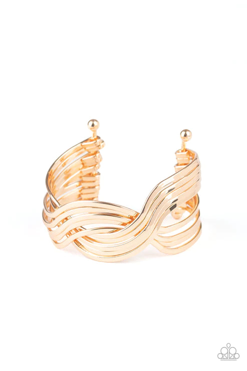 Curvaceous Curves - Oversized Gold Curvy/Flat Bars Weaved Stacked Cuff Bracelet B#4747