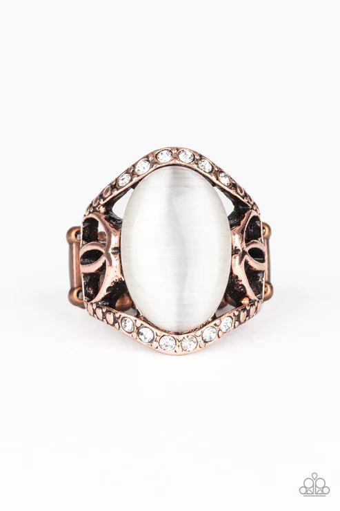 DEW Onto Others - Oversized Copper/White Dotted Encrusted Cat's Eye Moonstone Ring R#5681