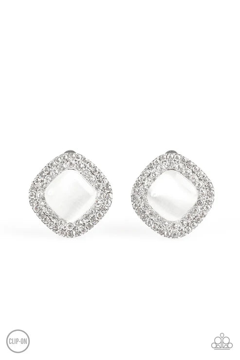 DEW What I DEW - Oversized White Cat's Eye Moonstone Encrusted Clip-on Earrings #4230