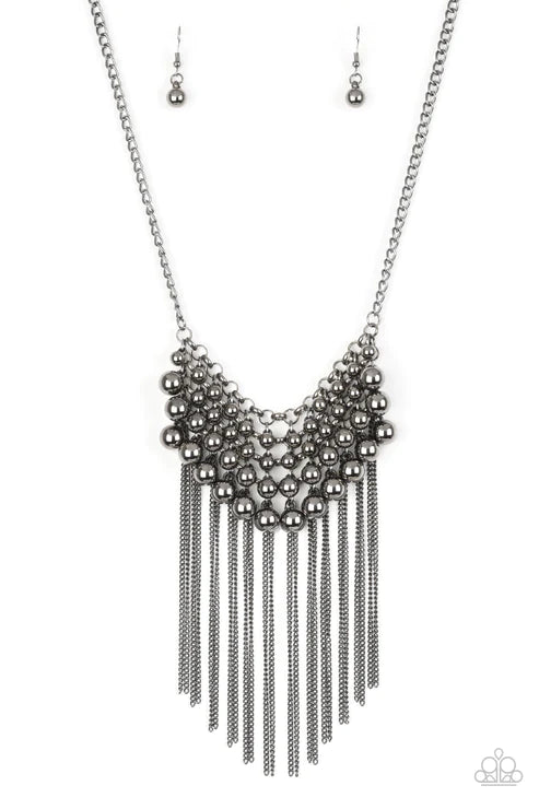 DIVA-de and Rule - Black/Gunmetal Interlocked Net Cain Stream Fringe Necklace N#3204