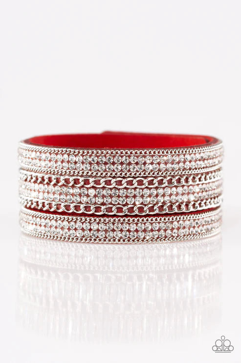 Dangerously Drama Queen - Red Trio Spliced Encrusted Chains Suede Bracelet B#4216