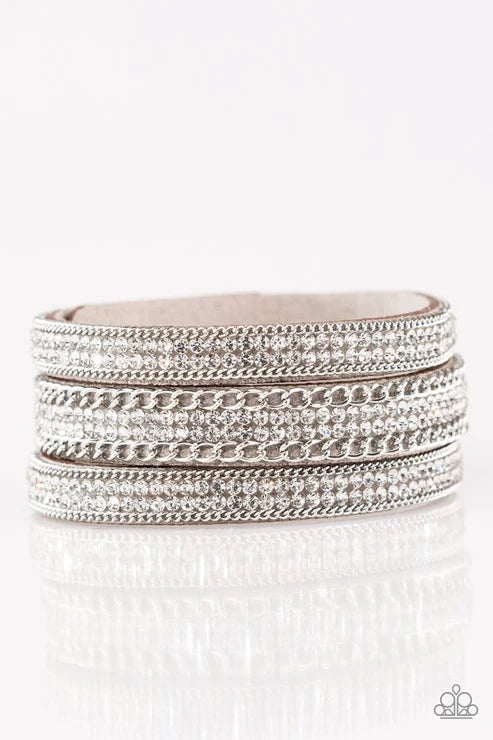 Dangerously Drama Queen - Silver Trio Spliced Encrusted Chains Suede Bracelet B#3774