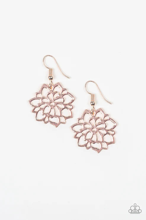 Darling Dahlia - Rose Gold High-Sheen 3D Rose Blossom Burst Filigree Earrings E#4723