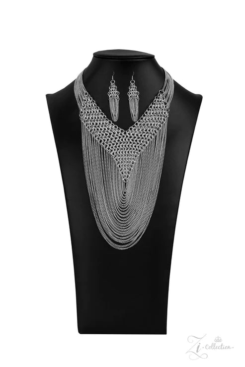 Zi Collection- Defiant - Oversize Silver Suspended V-Mesh Net Necklace ZI#5509