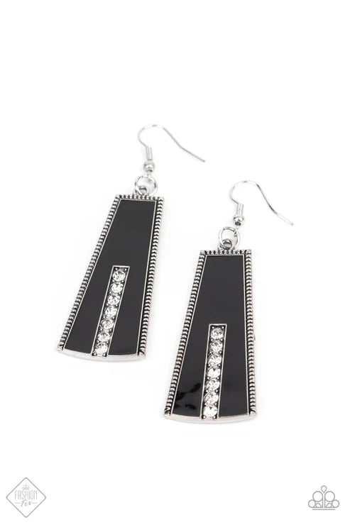 Demandingly Deco - Oversized Black Flared Encrusted Studded Textured Earrings E#6702