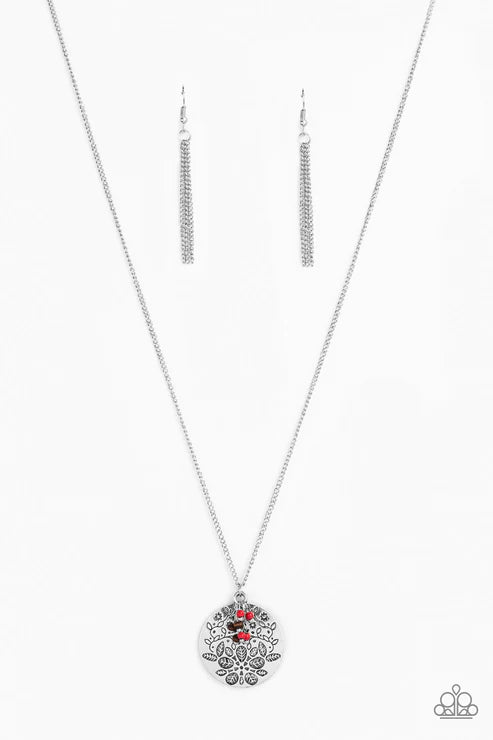 Desert Abundance - Red Embossed Floral Wood/Stone Disc Necklace N#6180