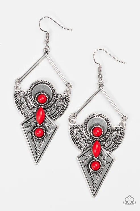 Desert Dynasty - Oversized Red/Silver Stamped Tribal Patterns Duo Brass Plates Triangular Bar Lure Earrings E#2897