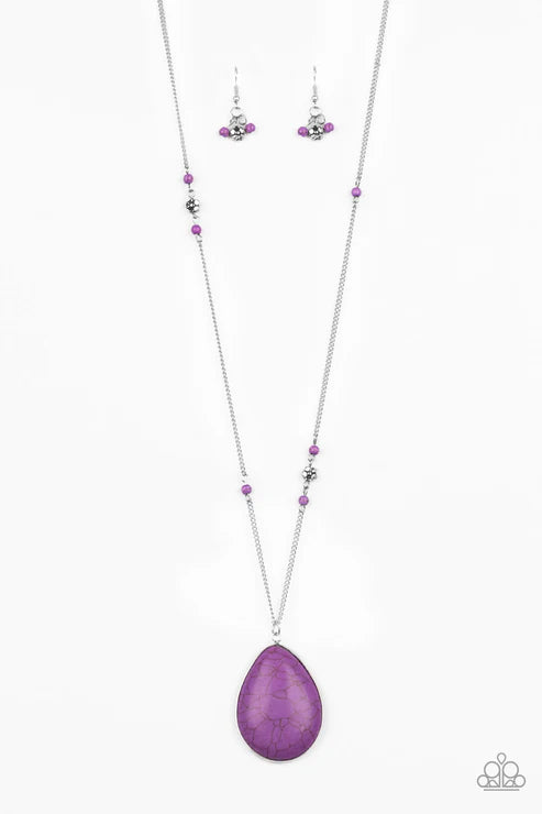 Desert Meadow - Oversized Purple/Silver 3D Flower Accent Stone Teardrop Necklace N#4457
