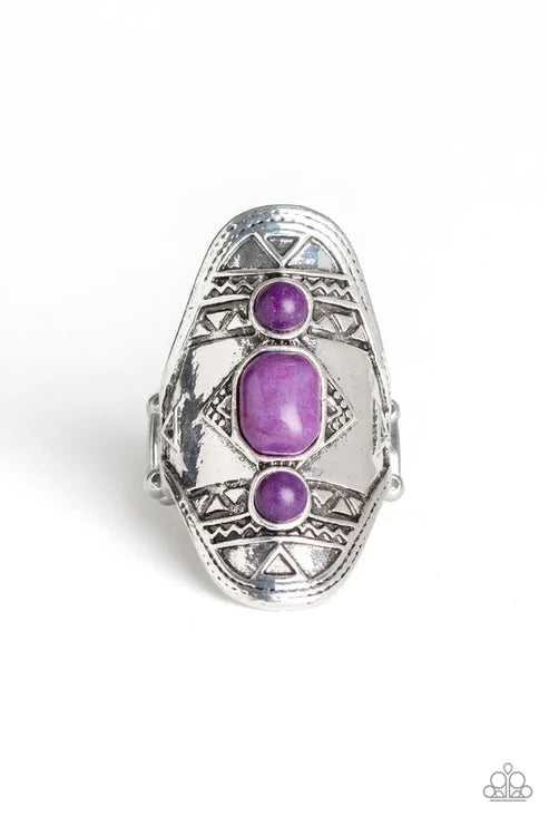 Desert Paint - Oversized Purple Trio Dotted Ornate Stamped/Embossed Tribal Stone Ring R#1267